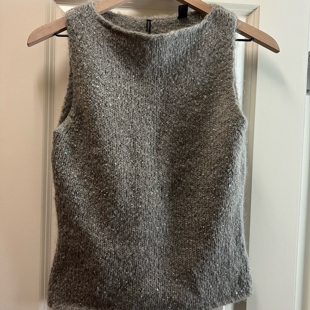 NWOT Isda & Co taupe wool & mohair sequined boatneck sweater vest Small